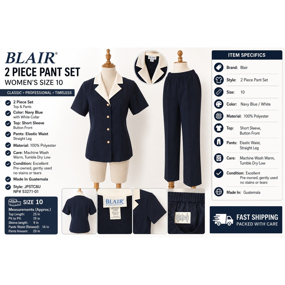 Blair Navy Blue 2 Piece Pant Set Cream Collar Pearl Buttons Size 10 JPSTC8U